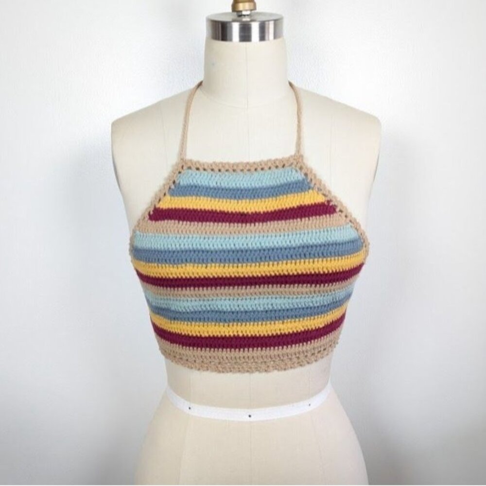 Y2K Crochet Halter Top Small Backless Boho Festival Rave Party Hippie Retro 90s